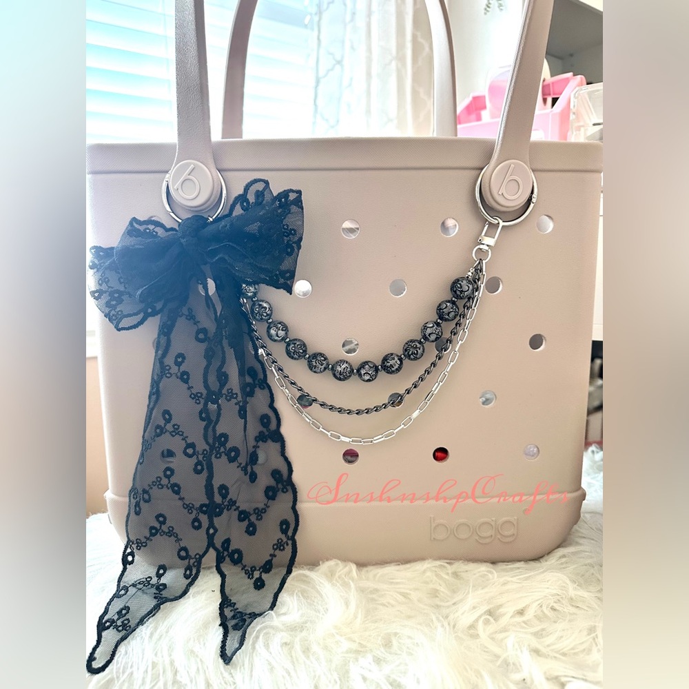 Black Lace Pearl Triple Chain Handbag Accessory